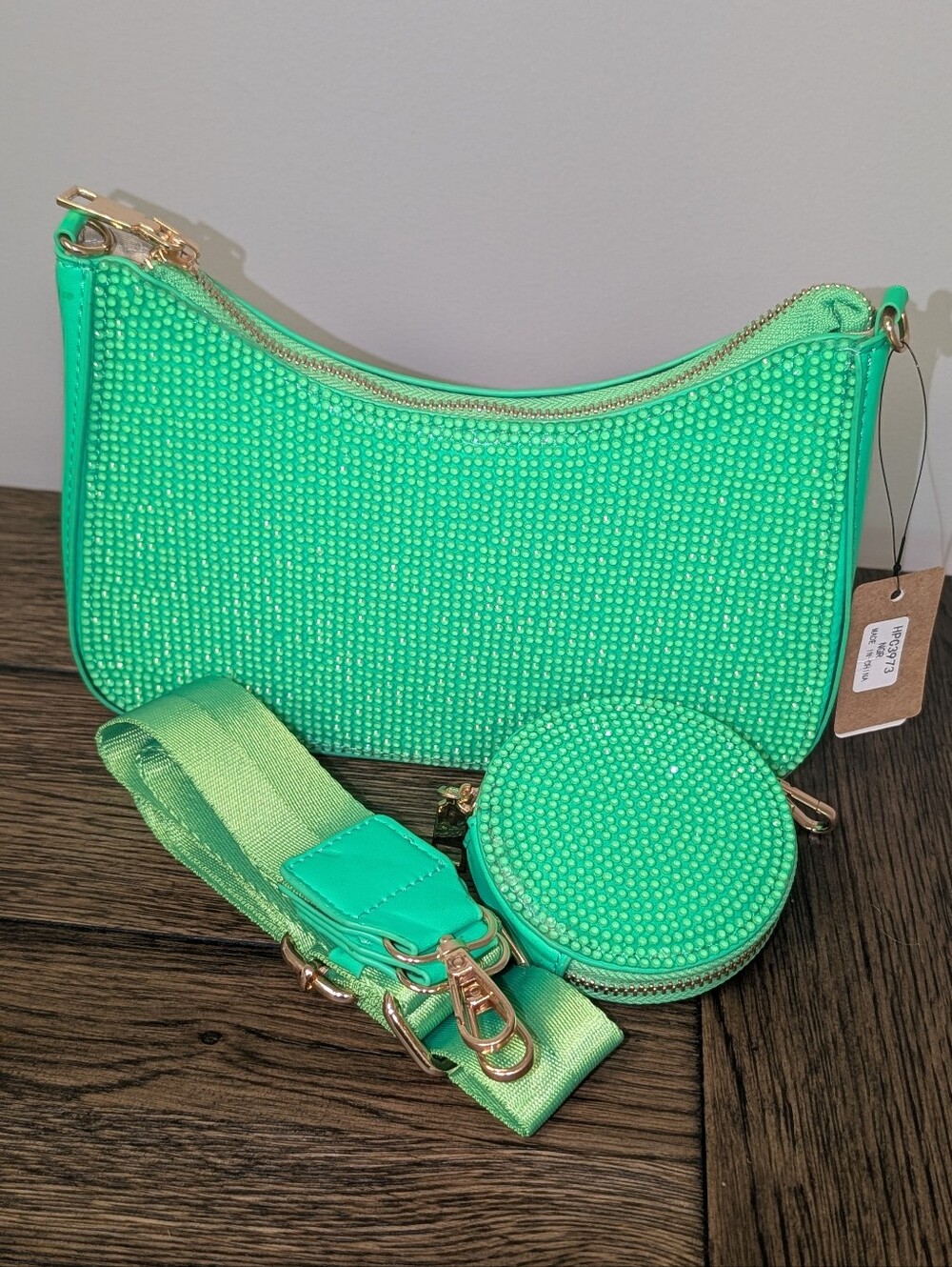 Neon Green Rhinestone Crossbody Bag w/ AirPod Case | Crystal Shoulder Purse NWT - Picture 7 of 8